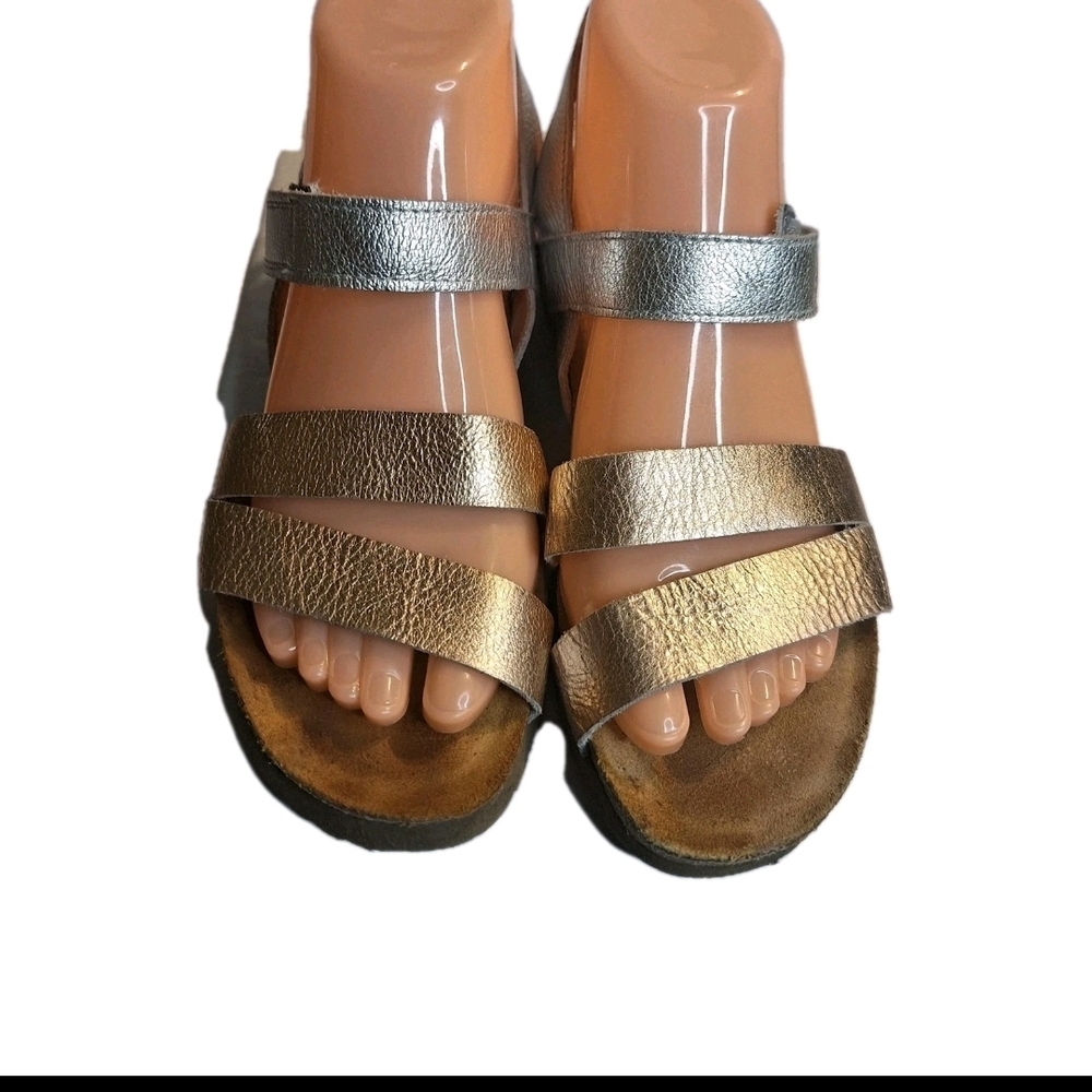 Naot Metallic Two-Tone Leather Strappy Sandals - Gold & Silver. Size 38 US 7/7.5